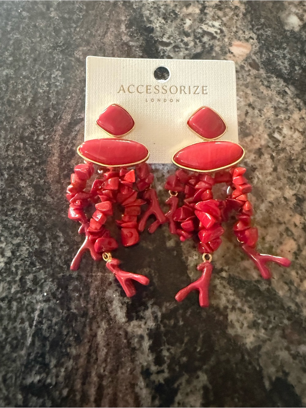 Accessorize Bold Red Coral Cluster Drop Earrings with Gold Trim